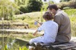 Father and son fishing in a lake