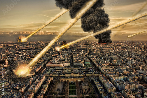 Illustration: Meteorite shower over paris, destroying the city Meteorite shower over paris, destroying the city