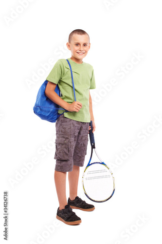 Photo: Child with tennis racket and backpack Child with tennis racket and backpack