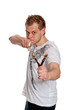 A man aims a slingshot