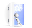 3D little human character opens a massive door. Sky background