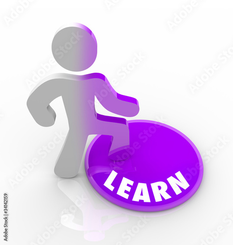 Illustration: Learn - Person Steps Onto Button and Fills with Knowledge Learn - Person Steps Onto Button and Fills with Knowledge