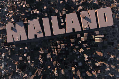 Illustration: Luftansicht einer Stadt in 3D mit Schriftzug Mailand Luftansicht einer Stadt in 3D mit Schriftzug Mailand