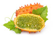 Ripe sliced kiwano fruits isolated on white