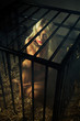 bondage art style with beautiful nude slave girl locked in cage
