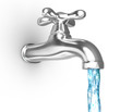 Chrome tap with a water stream.  Isolated on white