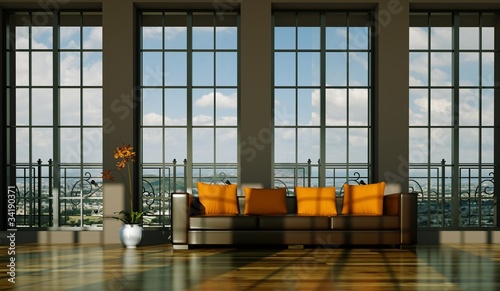 Photo: Wohndesign - braunes Ledersofa vor Fensterfront Wohndesign - braunes Ledersofa vor Fensterfront