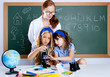 kids students with nerd teacher woman at school kids students with nerd teacher woman at school