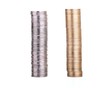 Silver and gold coins stacks on white
