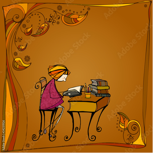 Cute  Girl Photos on Illustrated Autumn Background With Cute Little Girl Learning