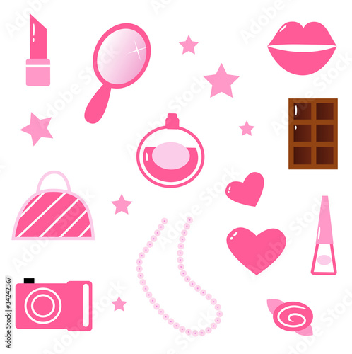 Vector: Girls pink icons and elements isolated on white. Vector Girls pink icons and elements isolated on white. Vector