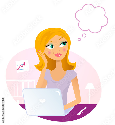 Vektor: Woman with Laptop dreaming in office. Vector Illustration. Woman with Laptop dreaming in office. Vector Illustration.