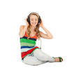 happy teenage girl in big headphones
