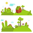 2 paysages verts avec des maisons et des enfants