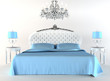 Modern bed tith night lamps and chandelier. Flat