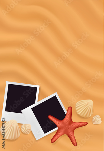 Vector: Sea shells with photos on the sand background. Vector. Sea shells with photos on the sand background. Vector.