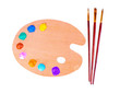 wooden art palette with blobs of paint and a brush on white back wooden art palette with blobs of paint and a brush on white back