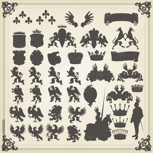 Vector: Heraldic silhouettes set of many vintage elements vector Heraldic silhouettes set of many vintage elements vector