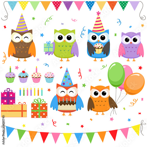 Vector: Set of vector birthday party elements with cute owls Set of vector birthday party elements with cute owls