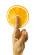 The slice of the orange in the hand