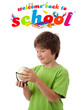 Boy looking with back to school theme isolated on white