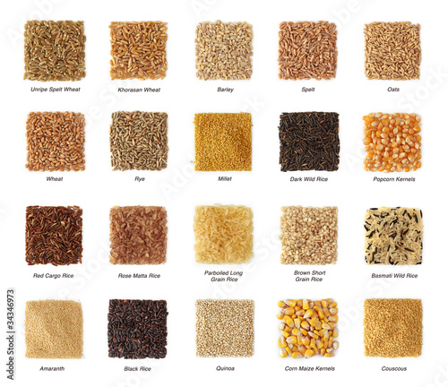 Photo: Cereals collection with titles isolated on white background Cereals collection with titles isolated on white background