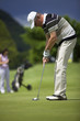 Senior golf player putting at hole.