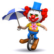 3d Clown balances on his unicycle with an umbrella