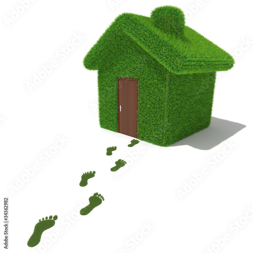 Illustration: Green grass house with grass footprints Green grass house with grass footprints