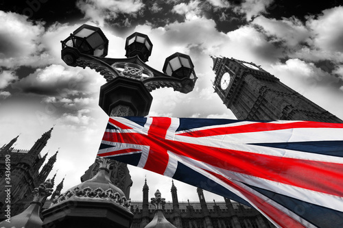 Photo: Big Ben with colorful flag of England, London, UK Big Ben with colorful flag of England, London, UK
