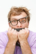 crazy businessman with a tie in the mouth crazy businessman with a tie in the mouth