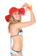 Happy woman in swimsuit with red hat Happy woman in swimsuit with red hat
