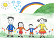 Illustration: Happy family and rainbow, child's drawing. Happy family and rainbow, child's drawing.