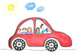Illustration: Happy family on the car trip, child's drawing. Happy family on the car trip, child's drawing.