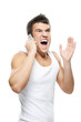 portrait of young man shouting on mobile telephone portrait of young man shouting on mobile telephone