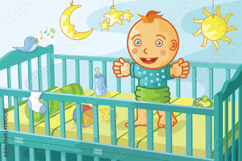 Vector: happy baby in crib happy baby in crib