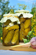 Two glass jars of homemade preserves - cucumbers. Two glass jars of homemade preserves - cucumbers.