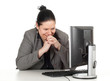 smiling, happy fat businesswoman and computer, series