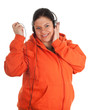 fat young woman in orange sweatshirt in headphones