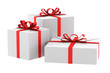 three white gift boxes with red ribbons and bows isolated three white gift boxes with red ribbons and bows isolated