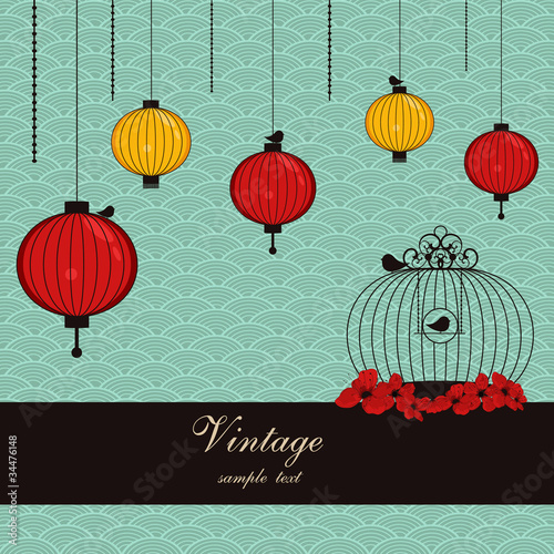 Vector: japanese background with lanterns and birdcage japanese background with lanterns and birdcage