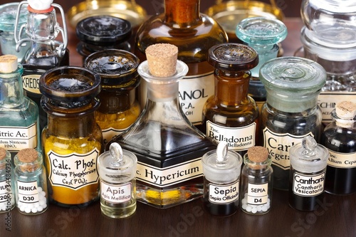 Photo: Various pharmacy bottles of homeopathic medicine Various pharmacy bottles of homeopathic medicine