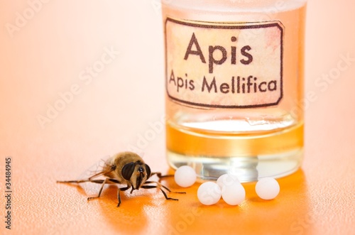 Photo: Apis Mellifica homeopathic pills, poison and bee Apis Mellifica homeopathic pills, poison and bee