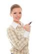 positive young woman writes something marker