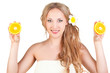 beautiful woman holding orange