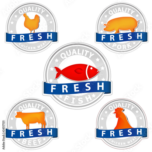Vector: pork beef chicken and fish quality meat sign isolated in white pork beef chicken and fish quality meat sign isolated in white
