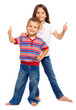 Two funny smiling little children with thumbs up sign