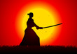 Vector: A samurai stance with the sunset as the background A samurai stance with the sunset as the background