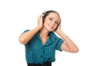 joyful young woman listening music in big headphones and looking joyful young woman listening music in big headphones and looking