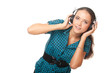 happy young woman listening music in big headphones and looking happy young woman listening music in big headphones and looking
